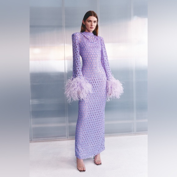 Rachel Gilbert Dresses & Skirts - Rachel Gilbert Mara Purple Metallic Ostrich Feather Column Gown NWT